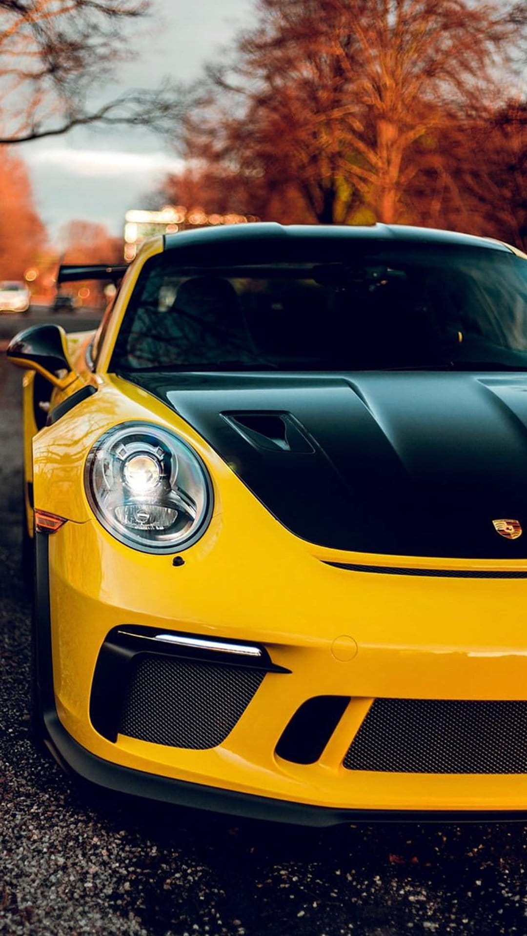 Yellow Porsche 911 GT3 RS with a black hood parked on a wet street lined with orange autumn trees and foliage.