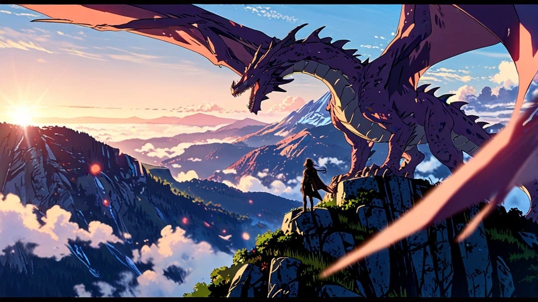 Massive dragon perched on a cliff edge beside a silhouetted person watching a sunrise over distant mountains.