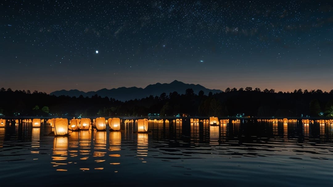 Floating paper lanterns glow on calm water at night beneath a dense field of stars and distant mountain silhouettes.