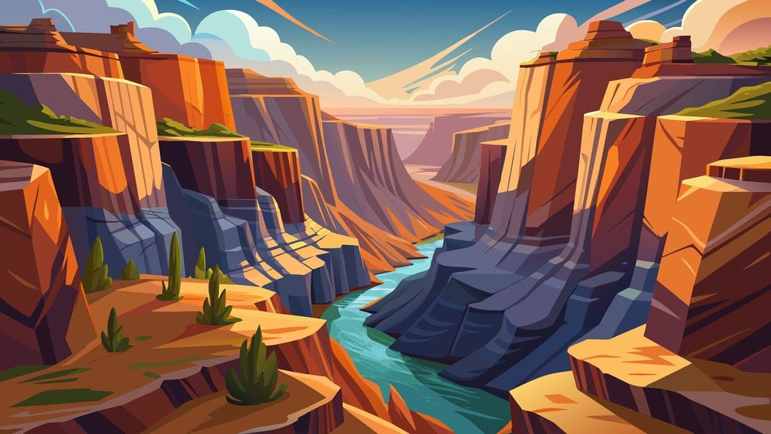Layered orange rock formations surround a winding turquoise river under a blue sky with wispy white clouds.