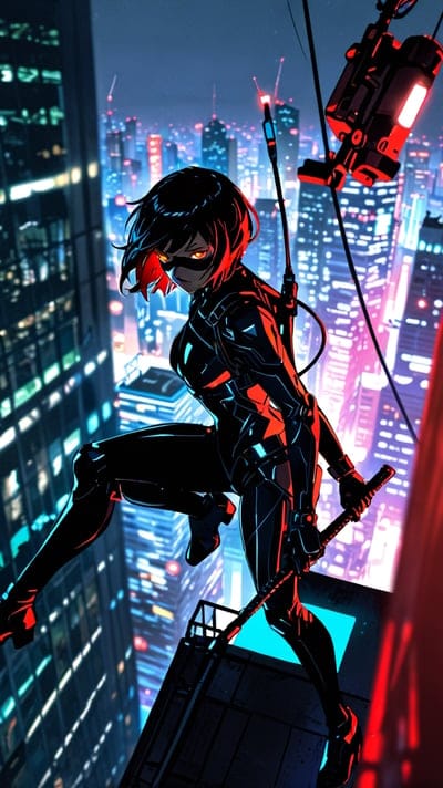 Cyberpunk ninja with glowing eyes leaps between dark skyscrapers against a vibrant neon city skyline at night.