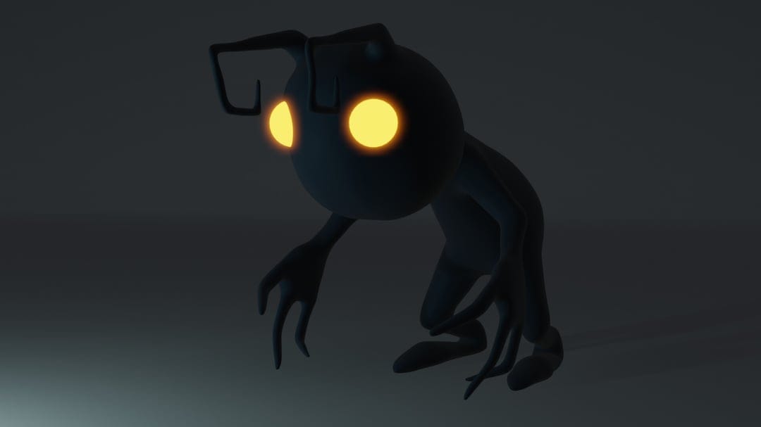 Shadow creature with glowing yellow eyes and long claws in a dark, atmospheric setting with soft floor lighting.