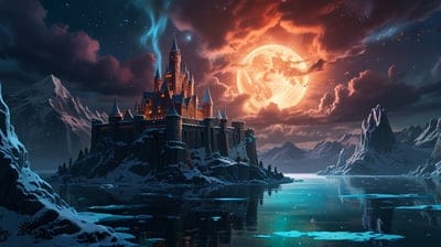 Castle,Mystery,Red Sky,Mountains,Ice,Lake,Whimsical,Dark,Scary,Horror,Dark Clouds,Clouds,Cold,Scene