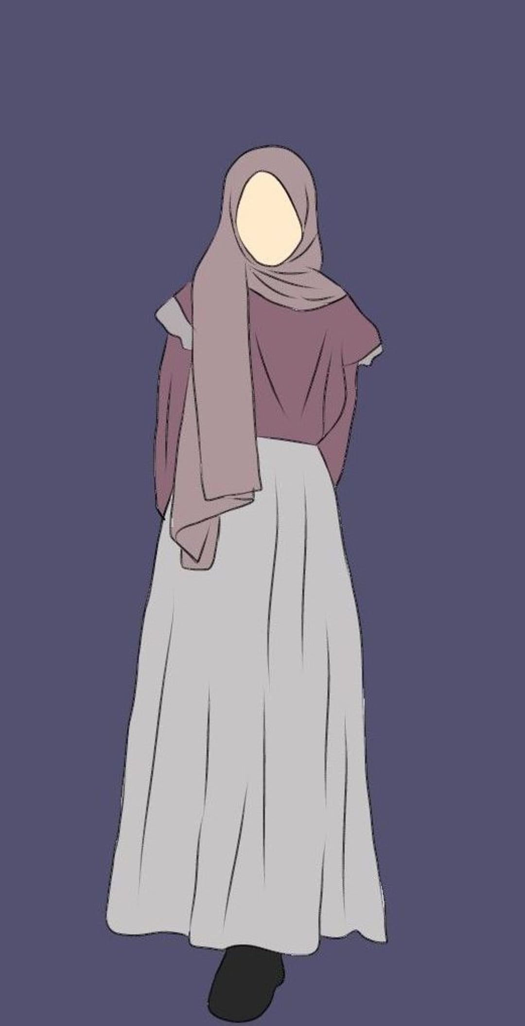 Woman in a pale mauve hijab and dusty rose top stands against a solid purple background in a minimalist style.