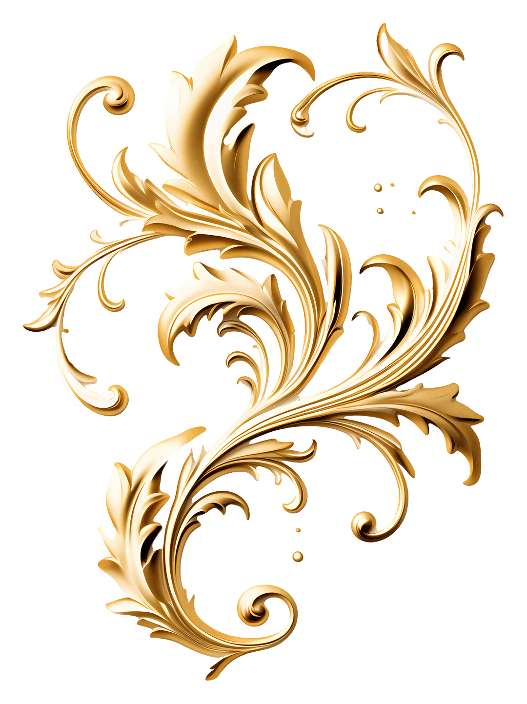 Golden floral ornament featuring symmetrical baroque scrolls and metallic leaf details on a transparent background.
