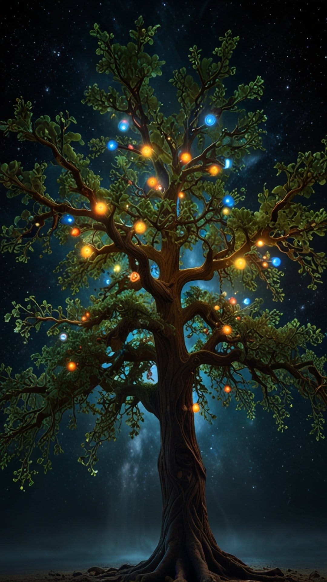 Ancient tree with glowing orange and blue spheres under a starry night sky filled with cosmic dust and nebulae.
