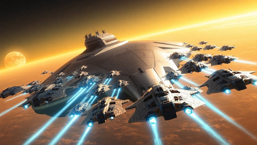 Massive space mothership surrounded by small starfighters firing blue lasers within a bright orange nebula.
