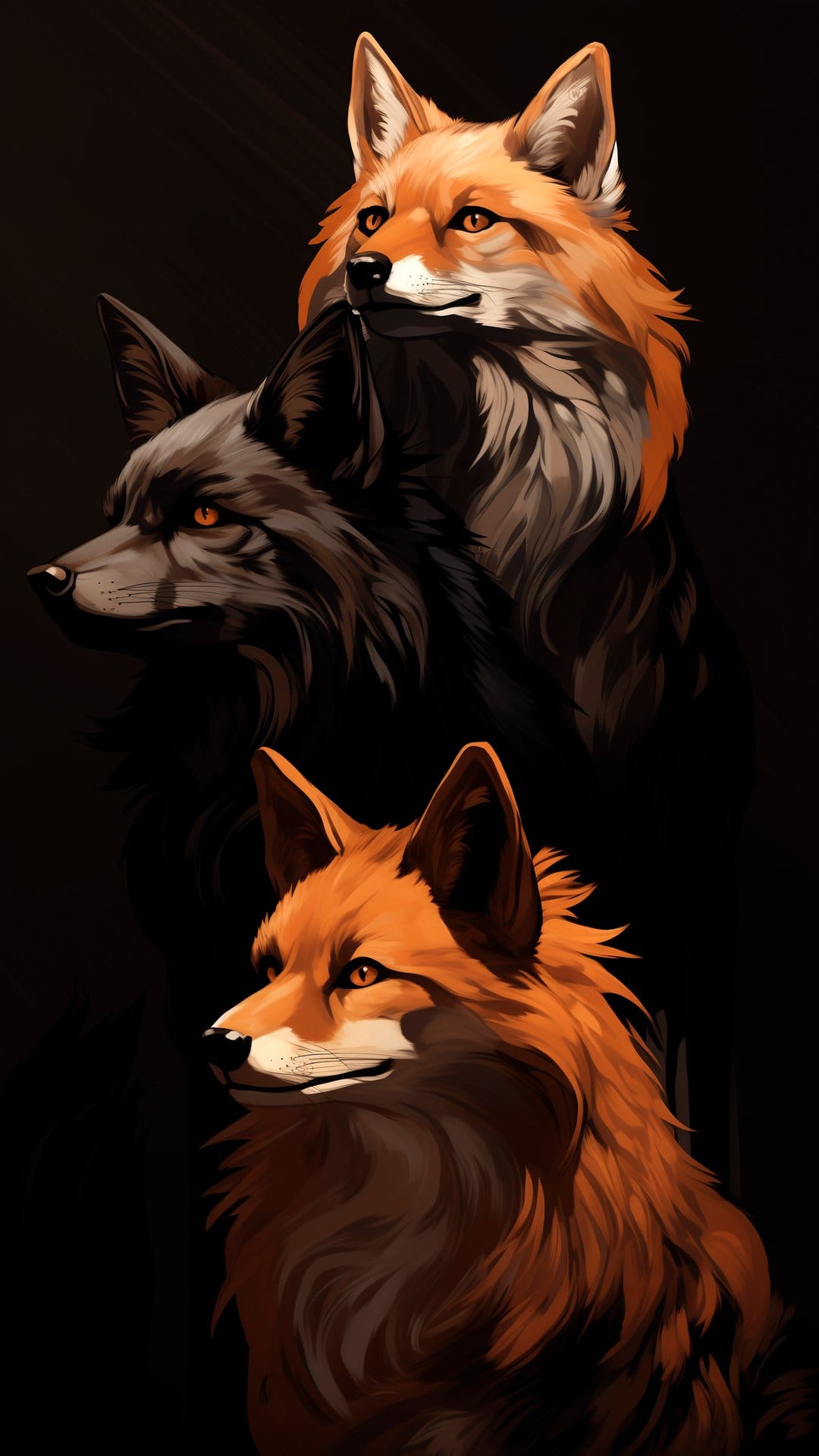 Three foxes with glowing amber eyes and detailed orange fur face left against a solid black background.