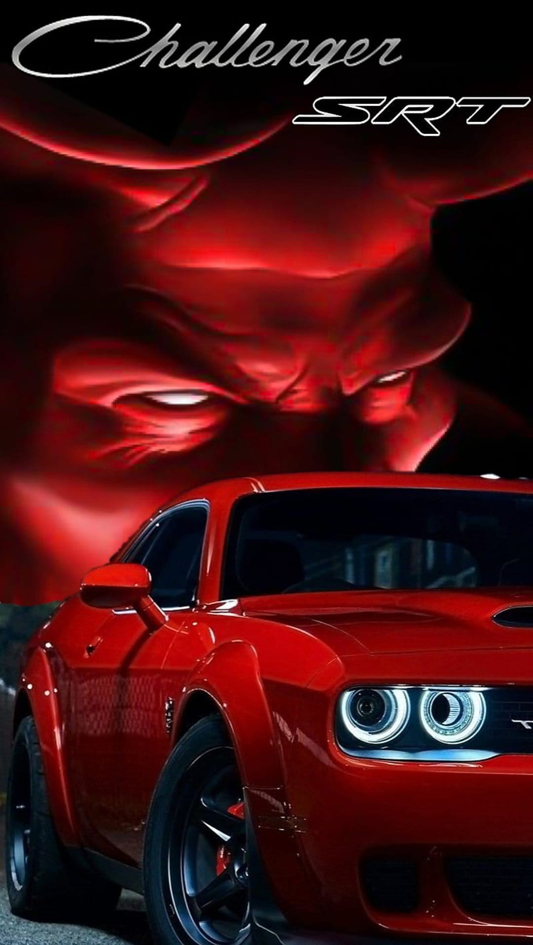 Red Dodge Challenger SRT muscle car sits below a massive flaming demonic face with glowing eyes on a dark backdrop.