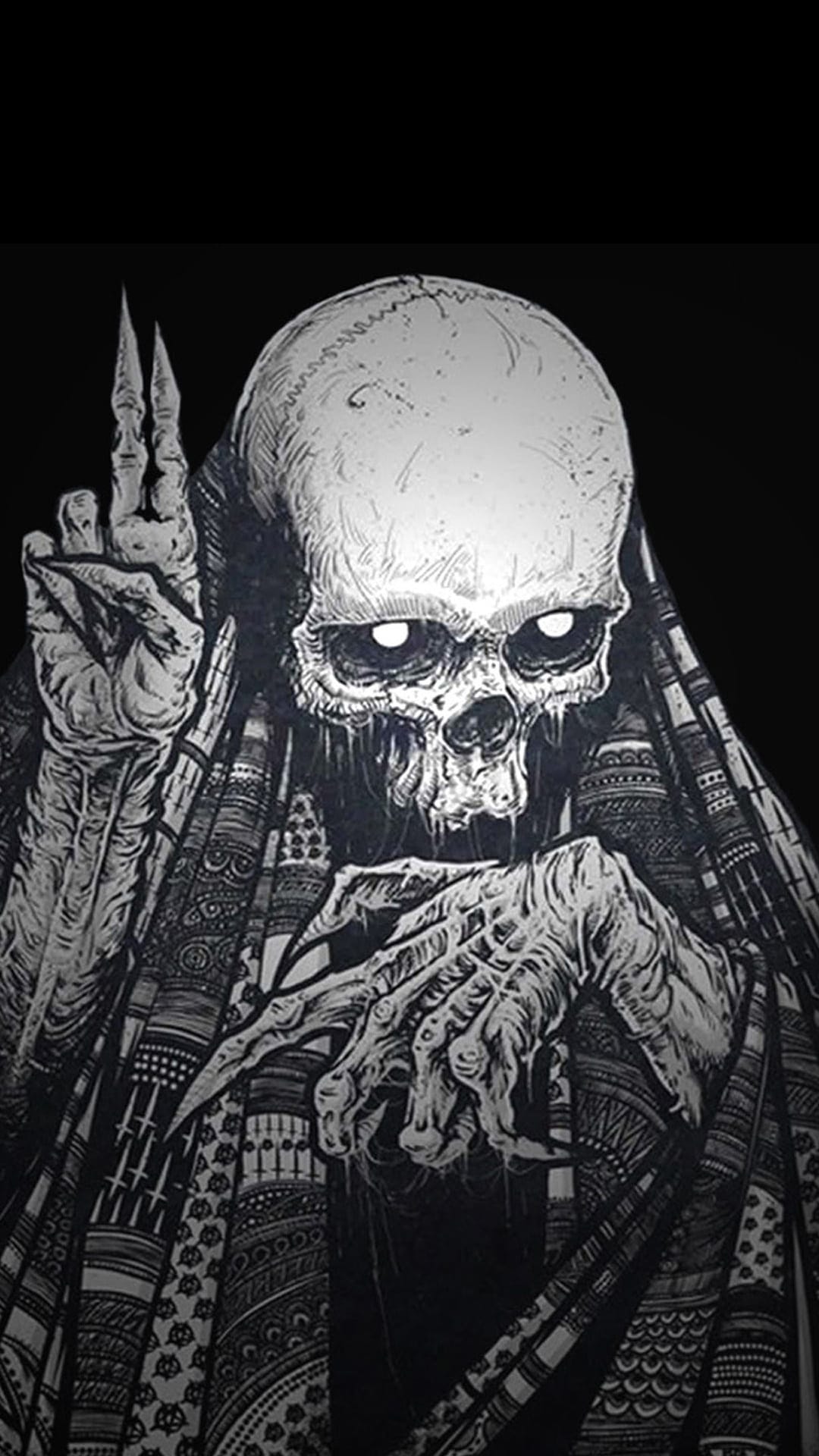 Skeletal reaper with glowing eyes and an intricate patterned hood against a dark background with bony hands.