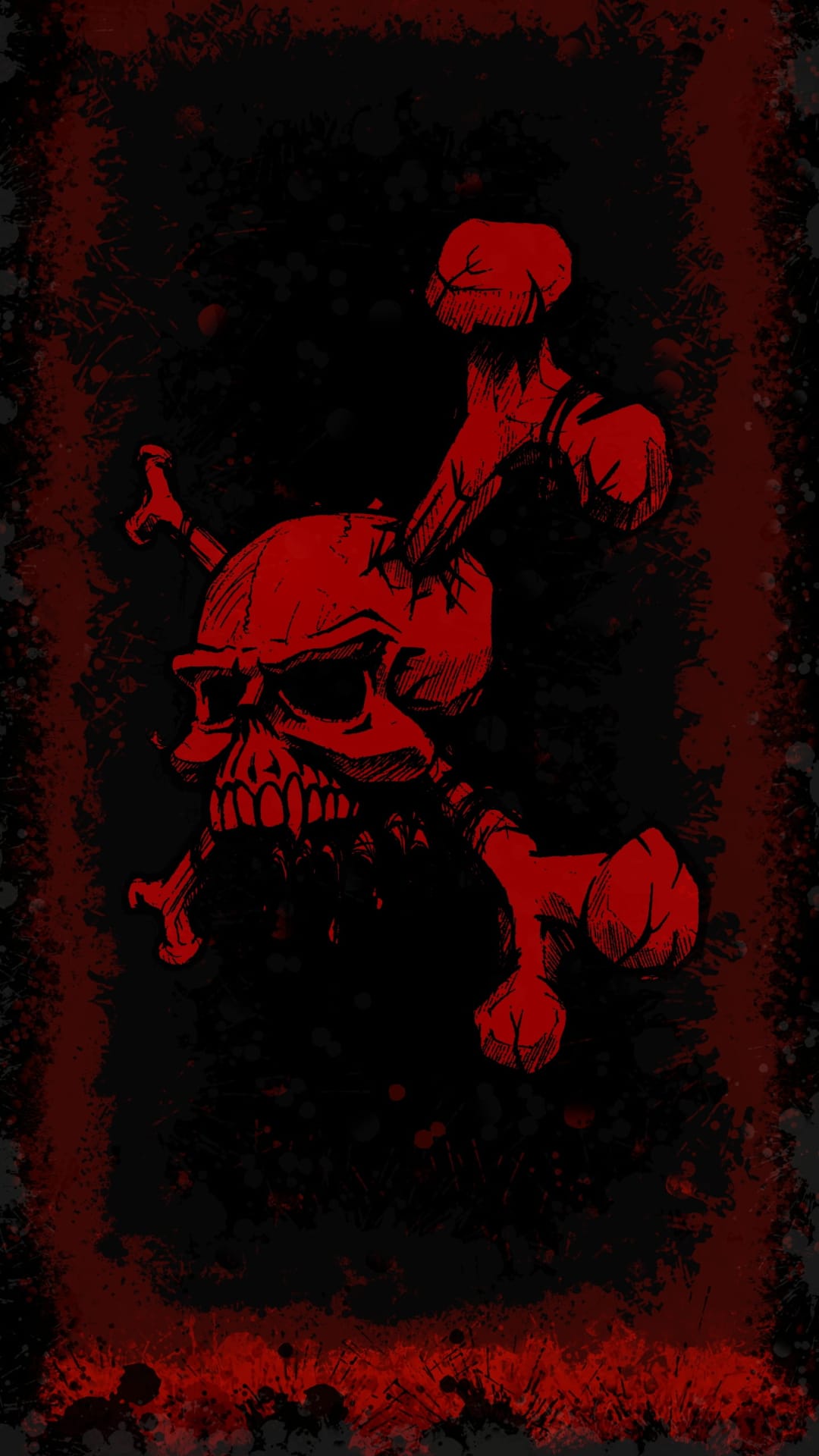 Red skull with sharp teeth and hollow eyes over crossed bones against a black background with crimson splatters.