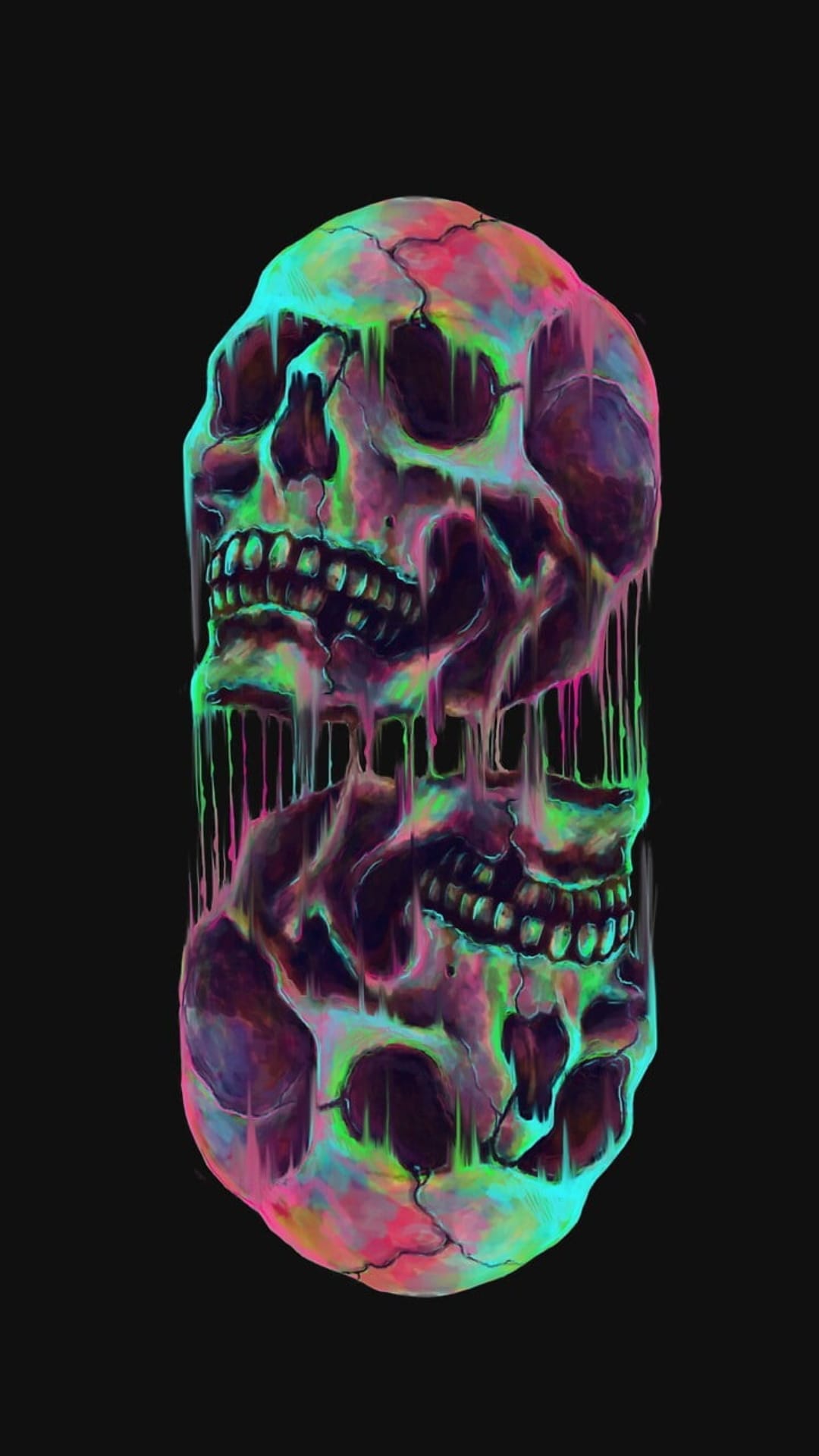 Three vertically stacked skulls drip with glowing neon pink and green paint against a solid black background.