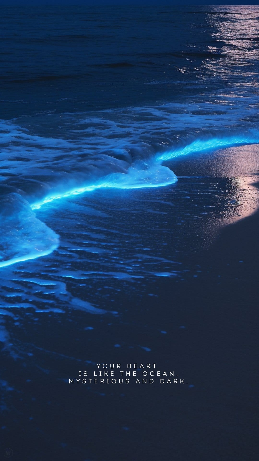 Glowing blue bioluminescent waves crash onto a dark sandy beach at night under a deep navy sky in high detail.