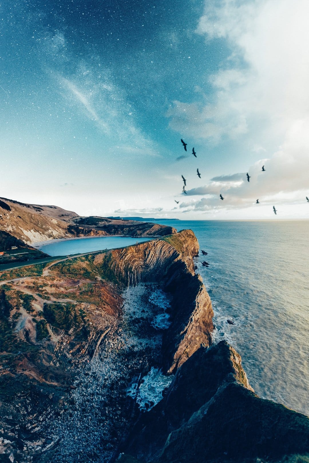 Migrating birds fly above steep rocky cliffs and ocean waves under a starry sunset sky in a vertical view.