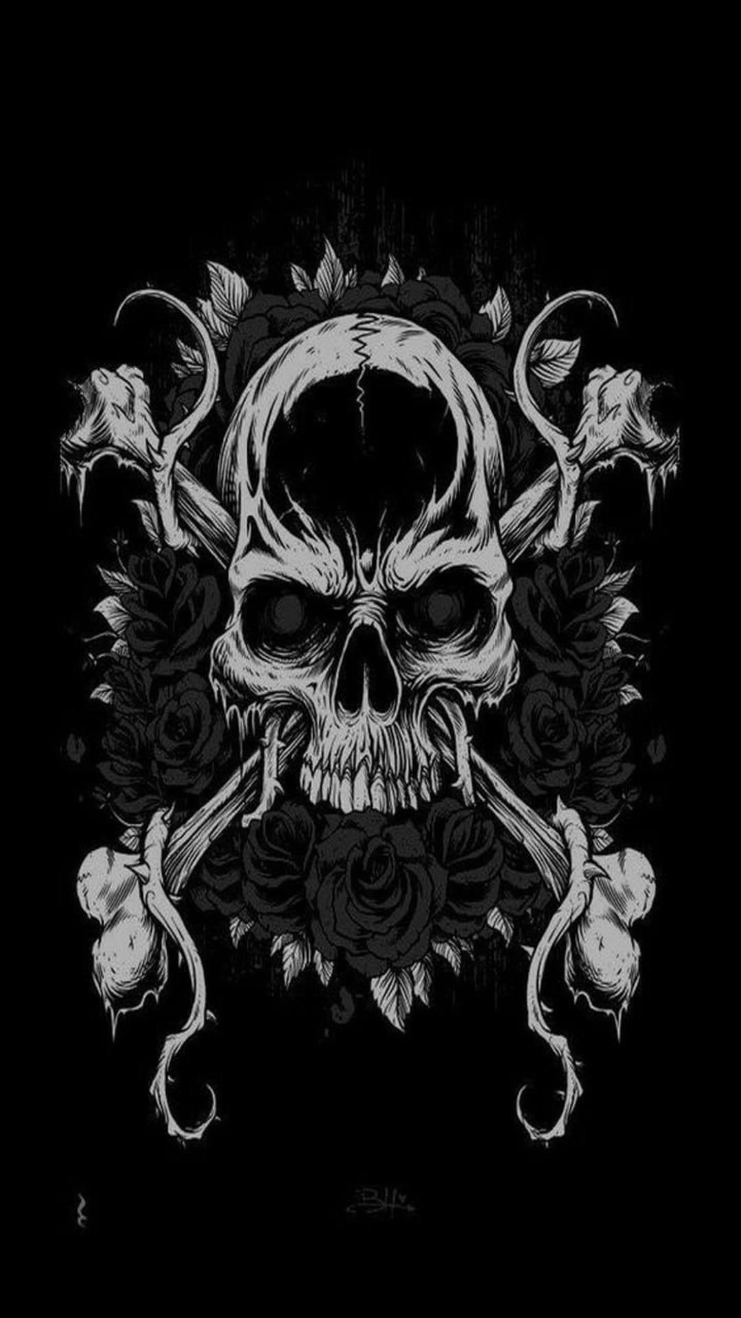 Human skull intertwined with dark blooming roses and crossbones in a detailed grayscale monochromatic style.