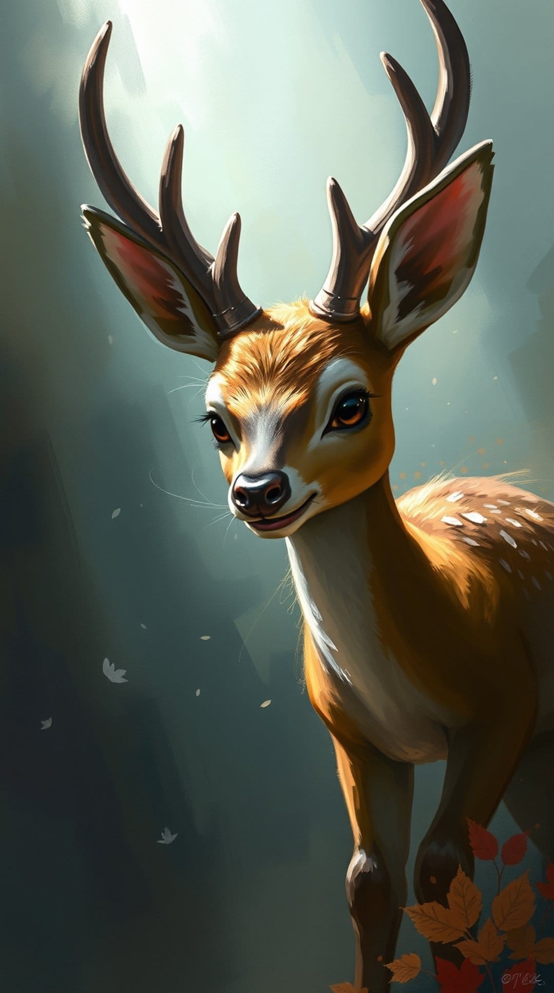 Young fawn with small antlers and a gentle smile sits among falling orange leaves in a soft golden forest.
