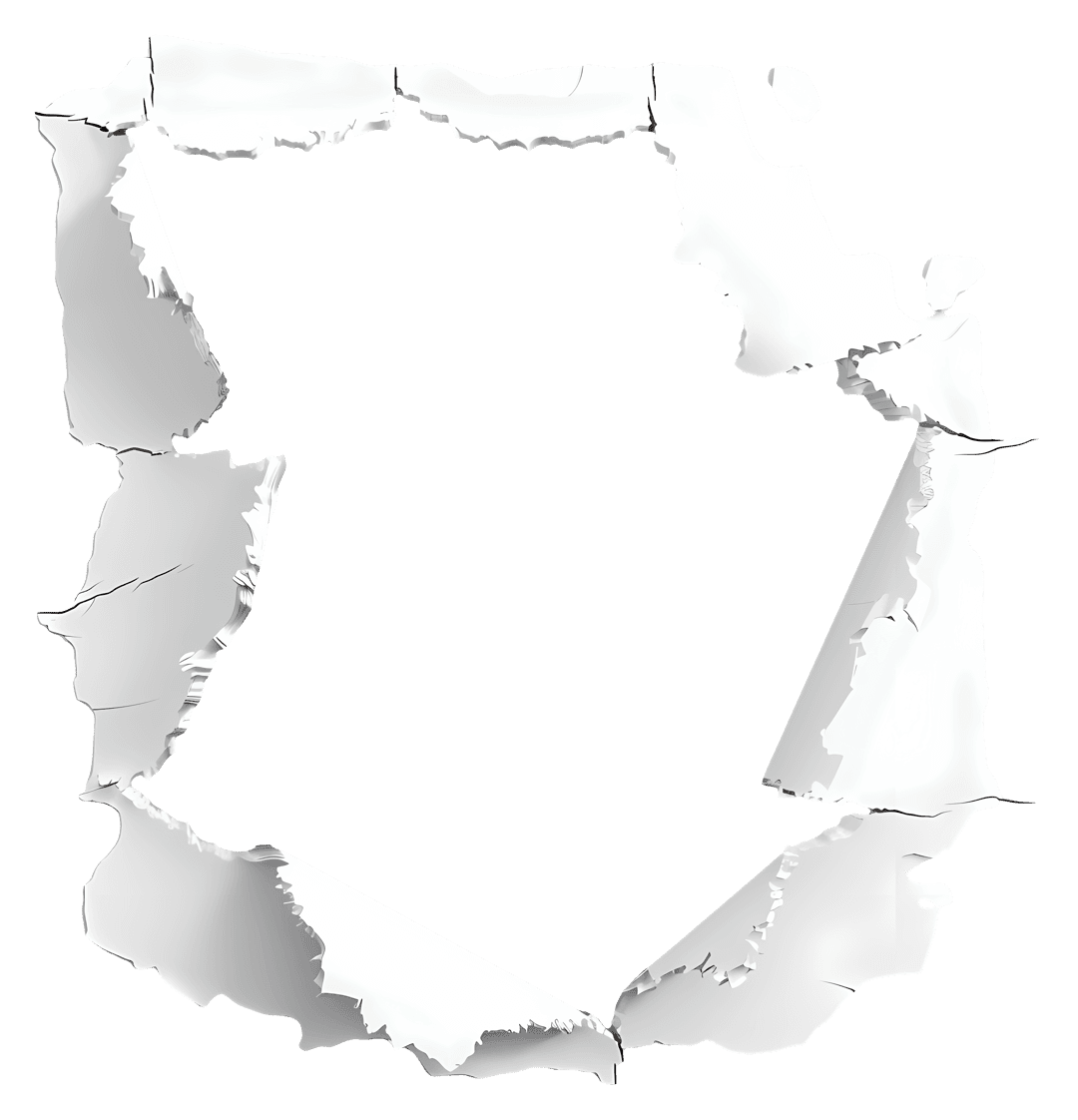 Ripped paper frame with transparent center features white matte texture and shredded fiber edges on a cutout.