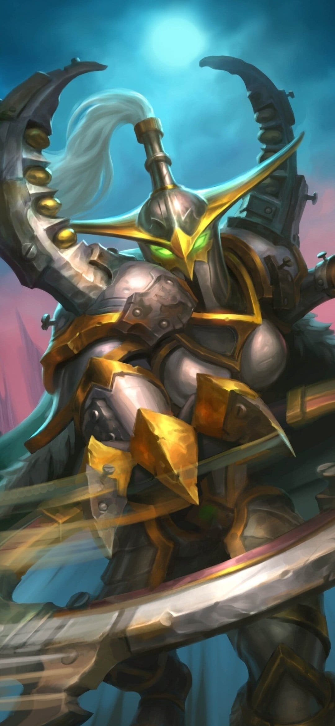 Armored knight with glowing green eyes and a white plume wielding a curved sword under a bright blue moon.