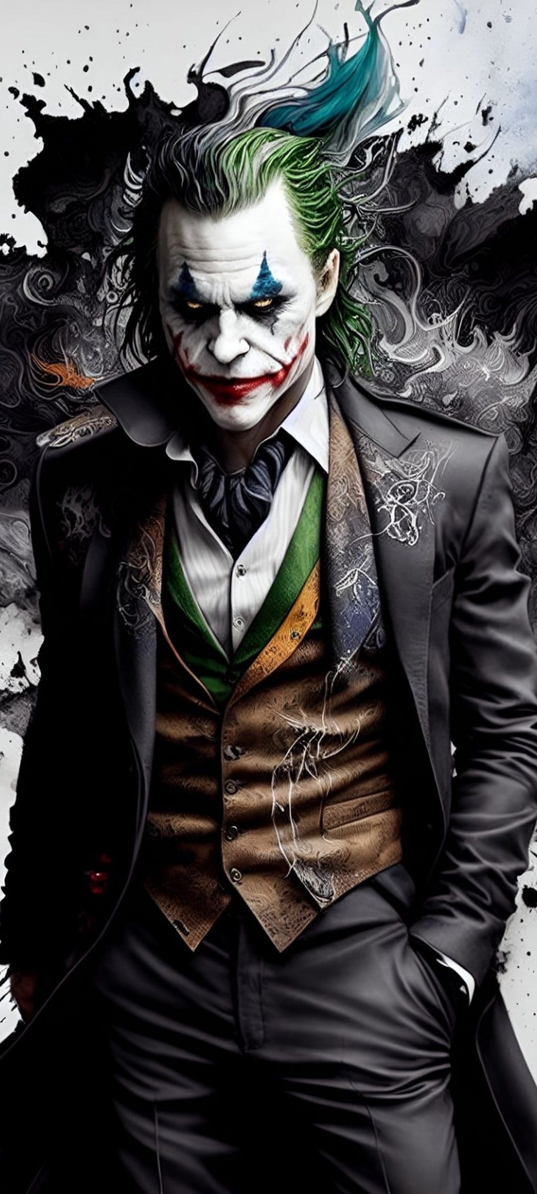 Joker character with white makeup and green hair wears a dark suit against a swirling abstract background.