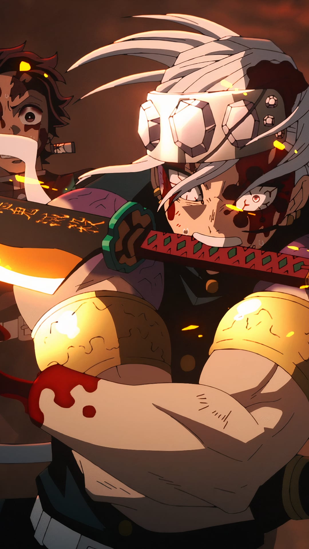 Tengen Uzui grips a blood-spattered sword during a fierce battle with glowing sparks and dark shadows.