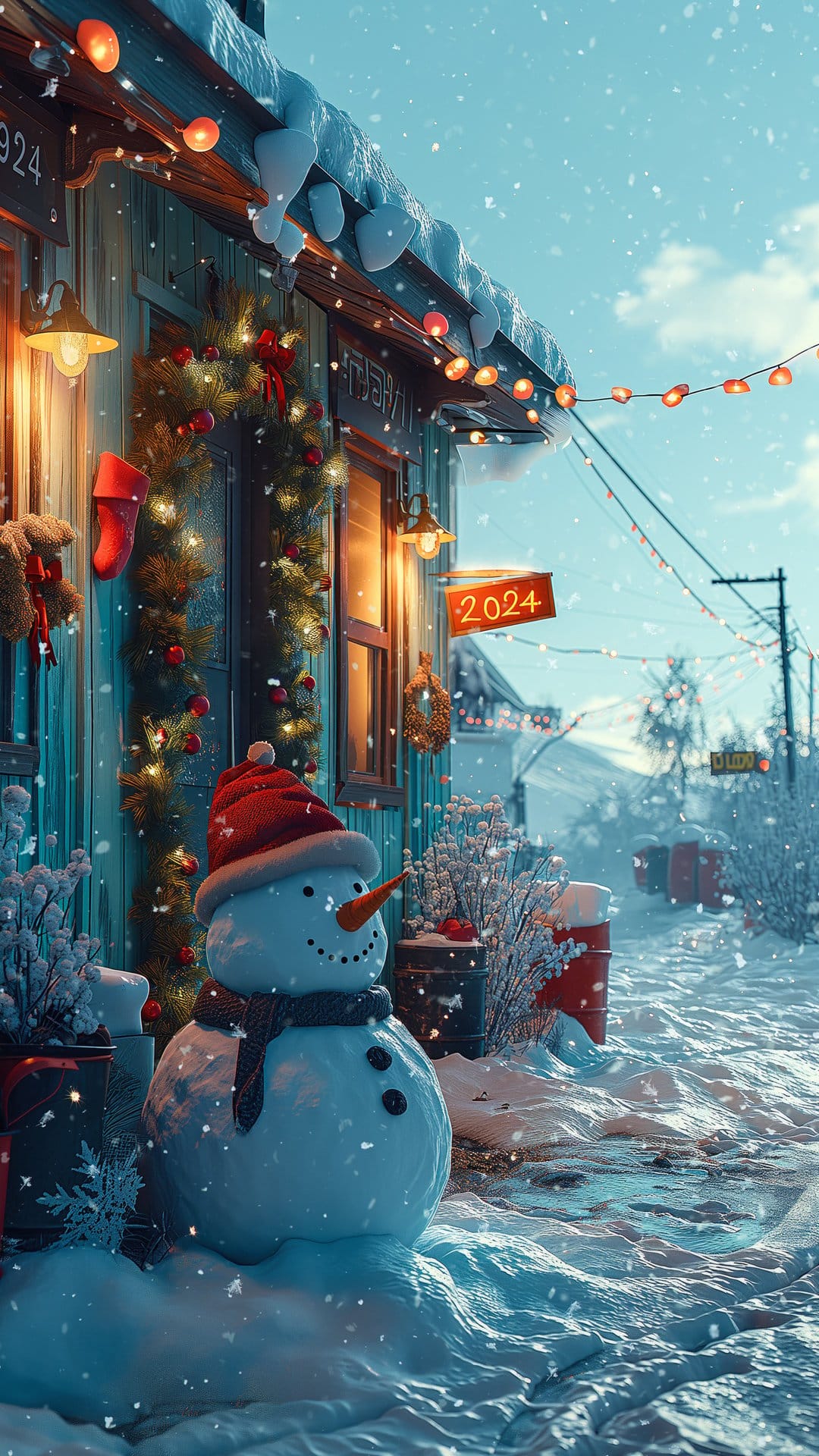 Snowman wearing a scarf stands by a 2024 sign and a lit Christmas tree in a snowy nighttime village setting.