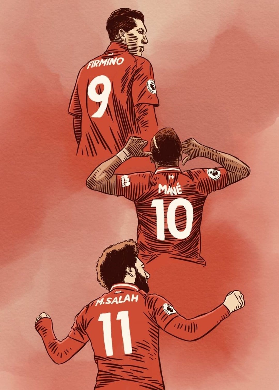 Roberto Firmino, Sadio Mane, and Mohamed Salah wearing red Liverpool jerseys viewed from behind on a red backdrop.