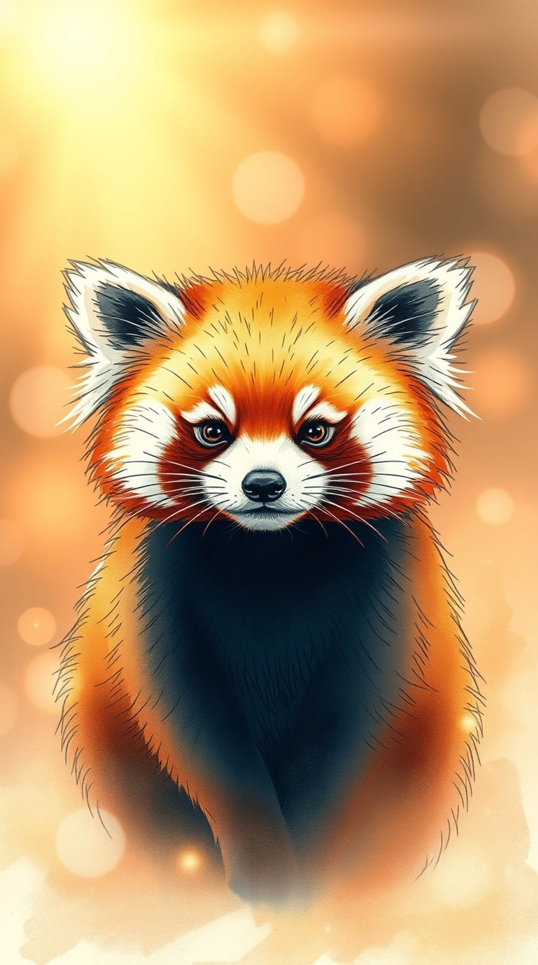 Red panda face with white markings and dark eyes centered against a soft orange and gold bokeh background.