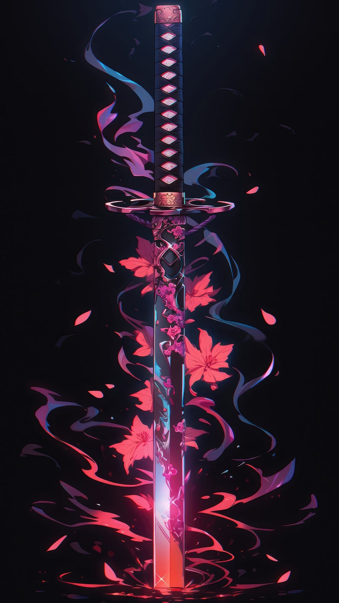 Ornate katana with a glowing translucent blade surrounded by pink cherry blossoms and blue smoke on black.