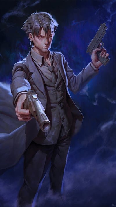 Suave, agent, pistols, dark fantasy, mysterious, male character, trench coat, action, digital art, dramatic lighting, smoky background, cool, spy, thriller, character design, urban fantasy, anime style, gunslinger
