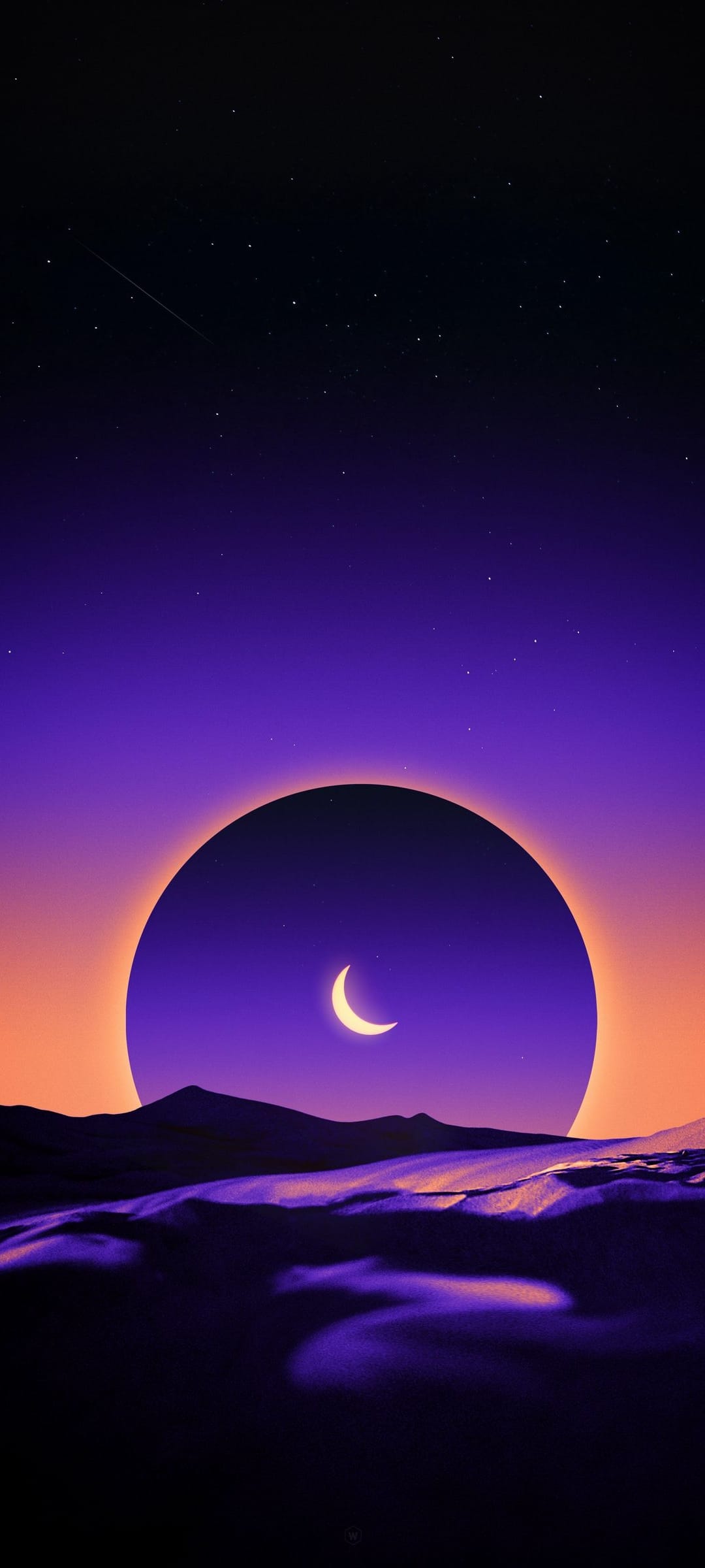 Ringed planet and crescent moon glow above dark purple dunes under a starry violet and orange gradient sky.