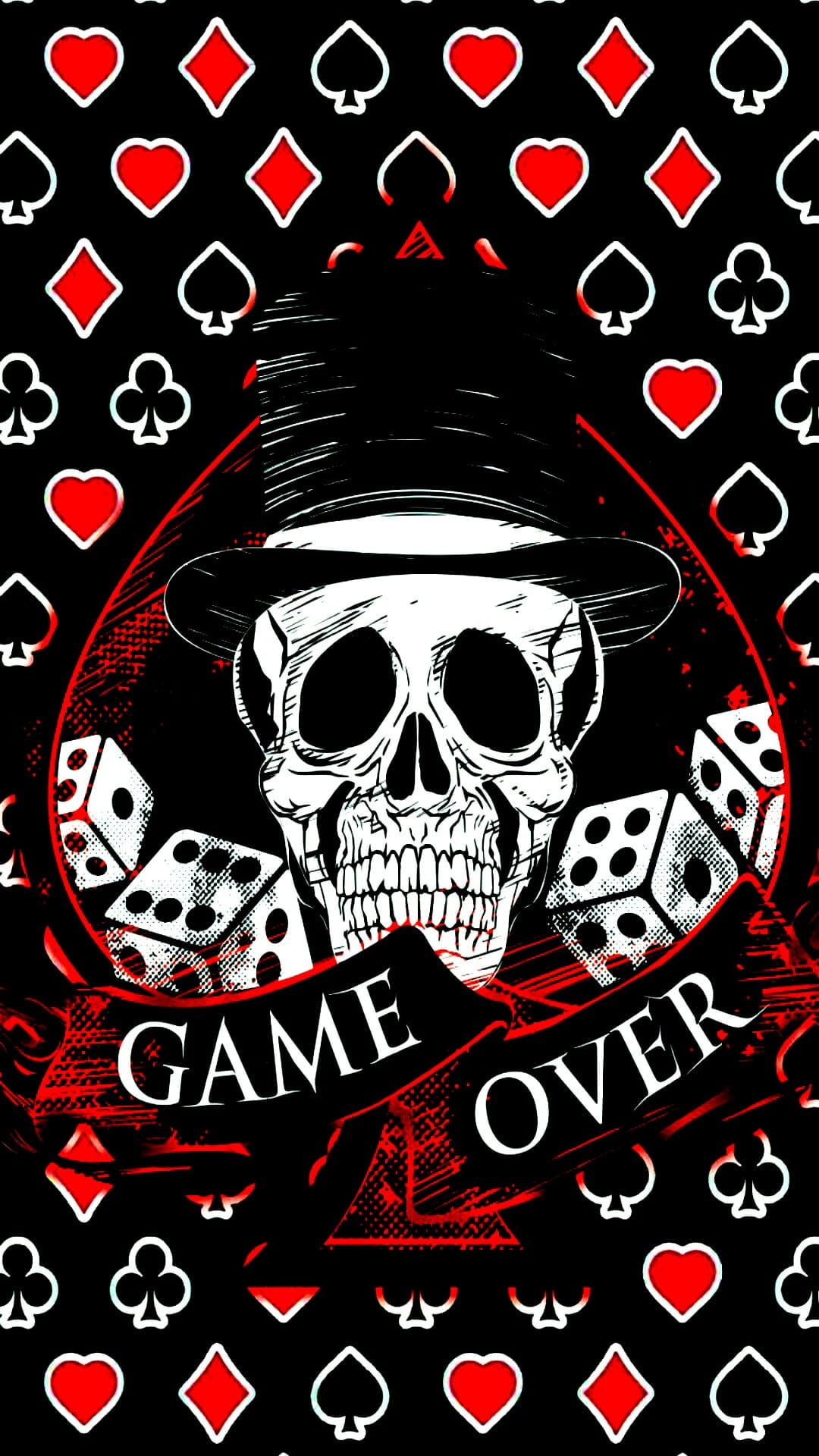 Skull in a black top hat sits above rolling dice and Game Over text over a repeating card suit background.