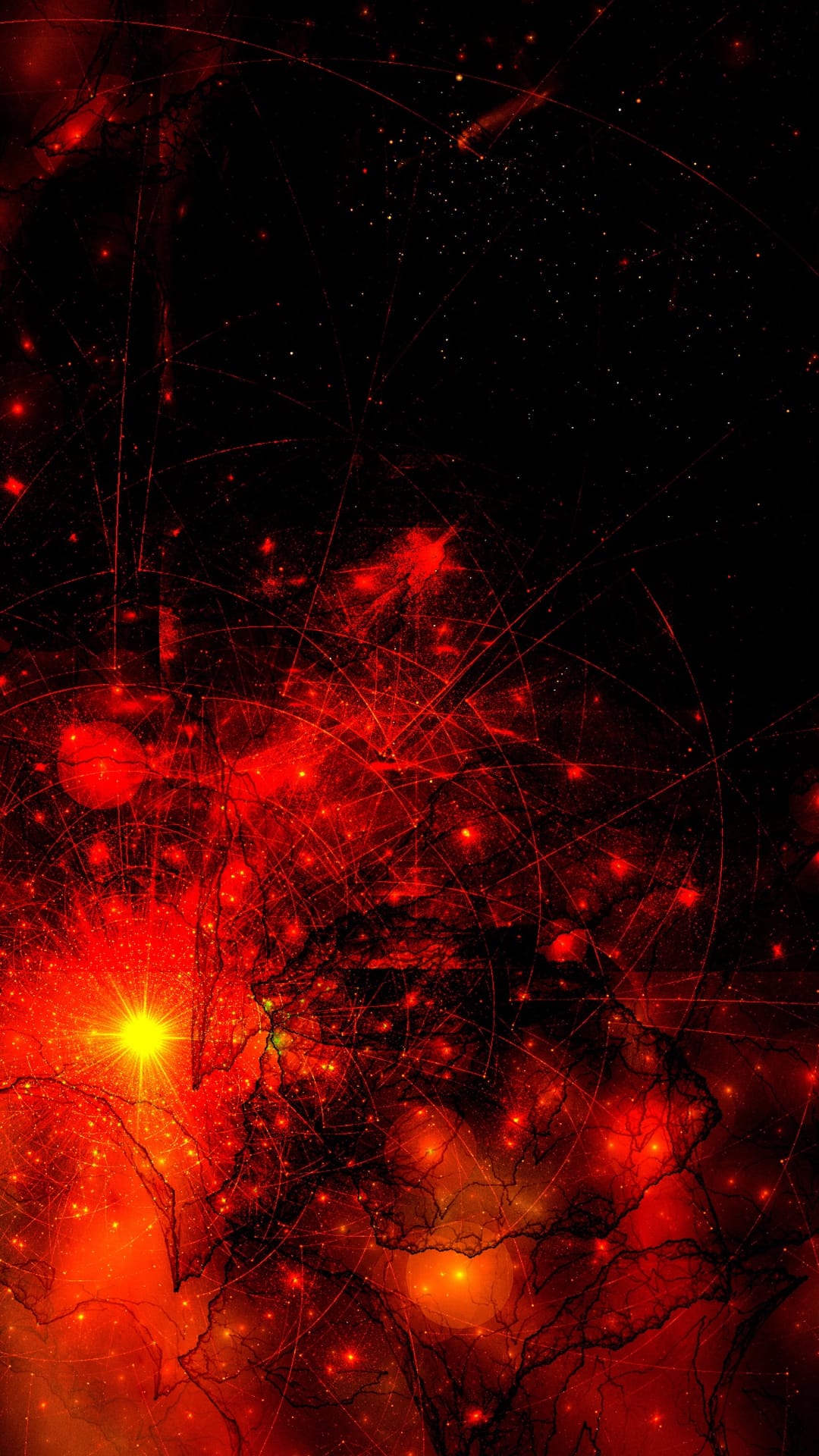 Bright yellow star illuminating red interconnected nebular filaments and glowing dust against a dark background.