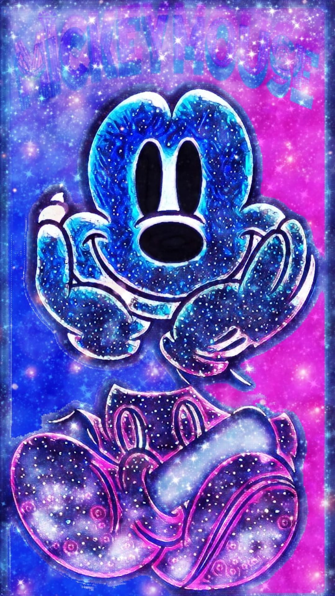 Mickey Mouse appears as a celestial silhouette filled with swirling purple nebulae and bright white stars.
