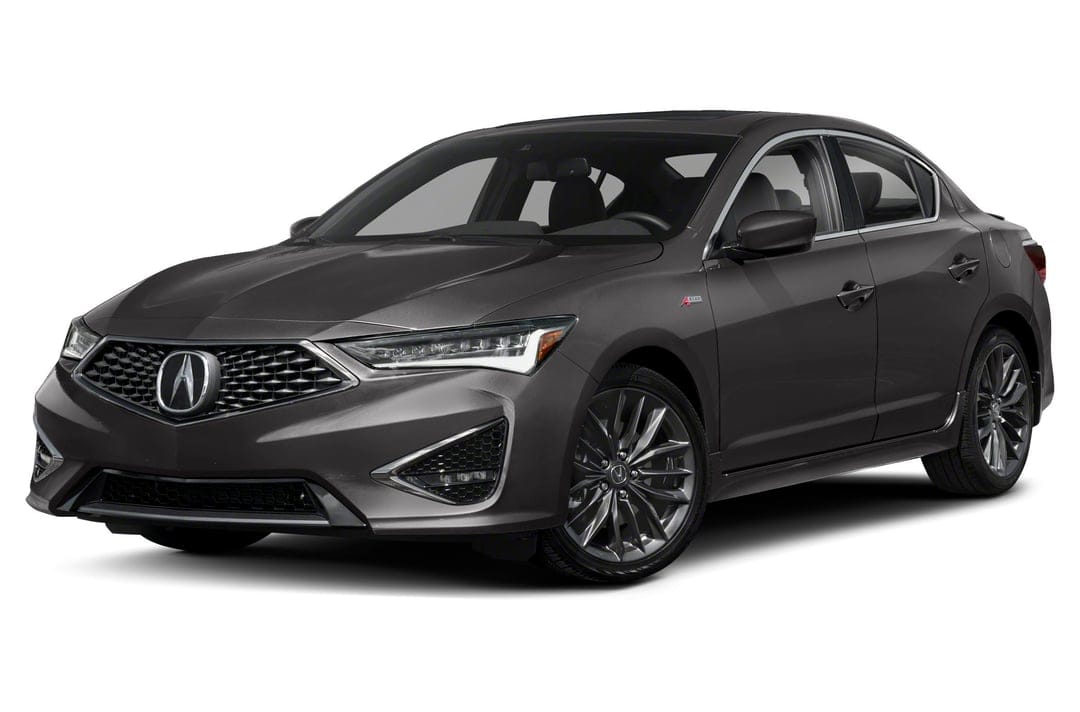 Dark grey Acura ILX A-Spec sedan with a black diamond pentagon grille and multi-spoke wheels on a white background.