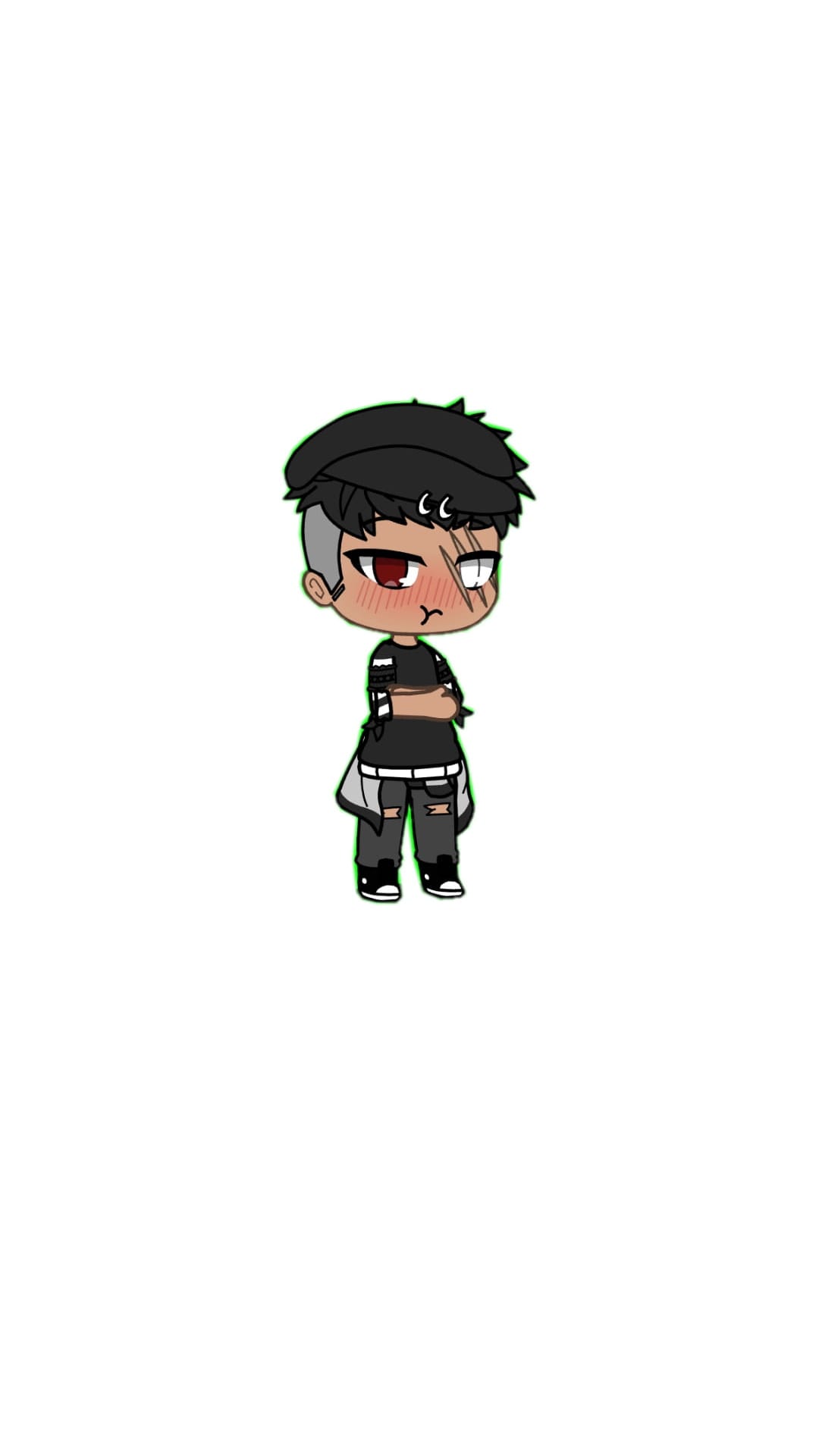Anime boy with red eyes and facial scars wearing a black t-shirt and distressed jeans against a clean backdrop.