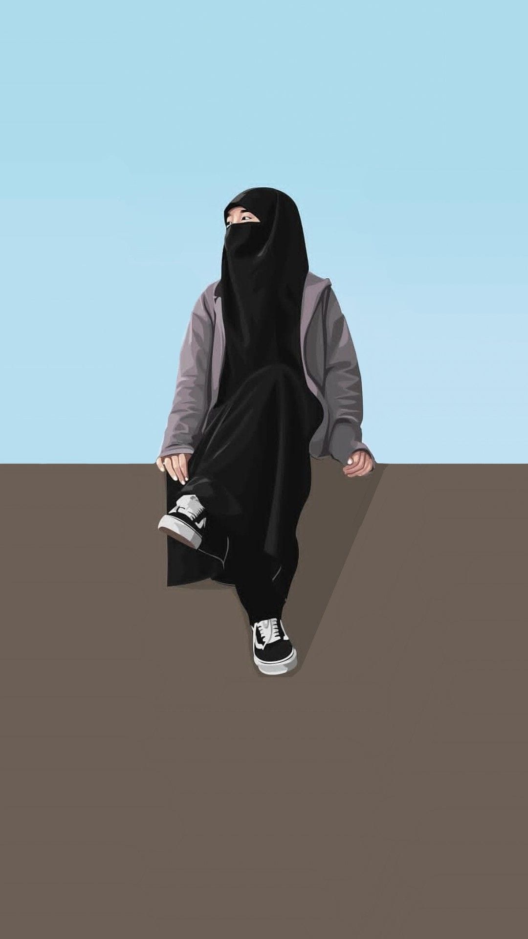Woman wearing a black niqab and grey hoodie sits on a ledge with legs crossed against a clear blue sky background.