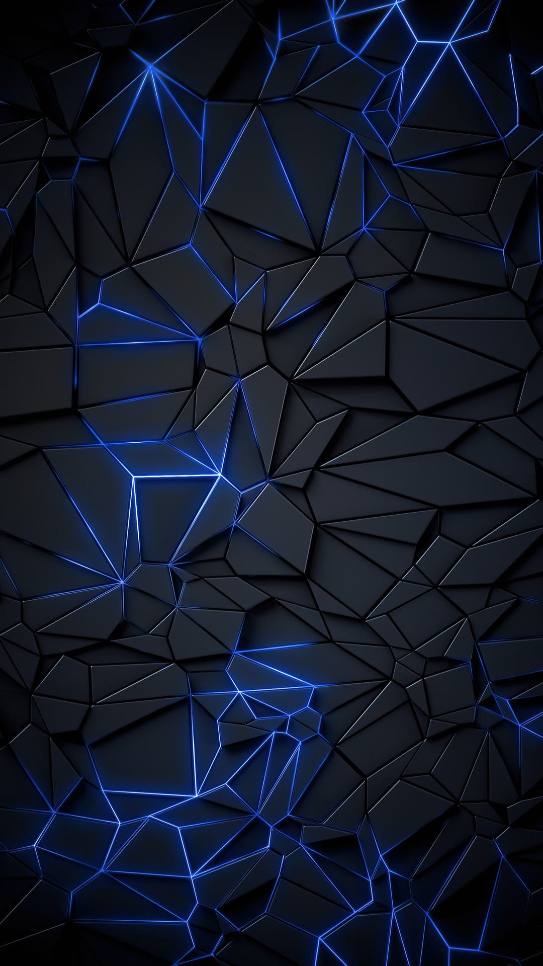 Dark 3D polygons with glowing blue neon edges form an interlocking geometric pattern across a black surface.