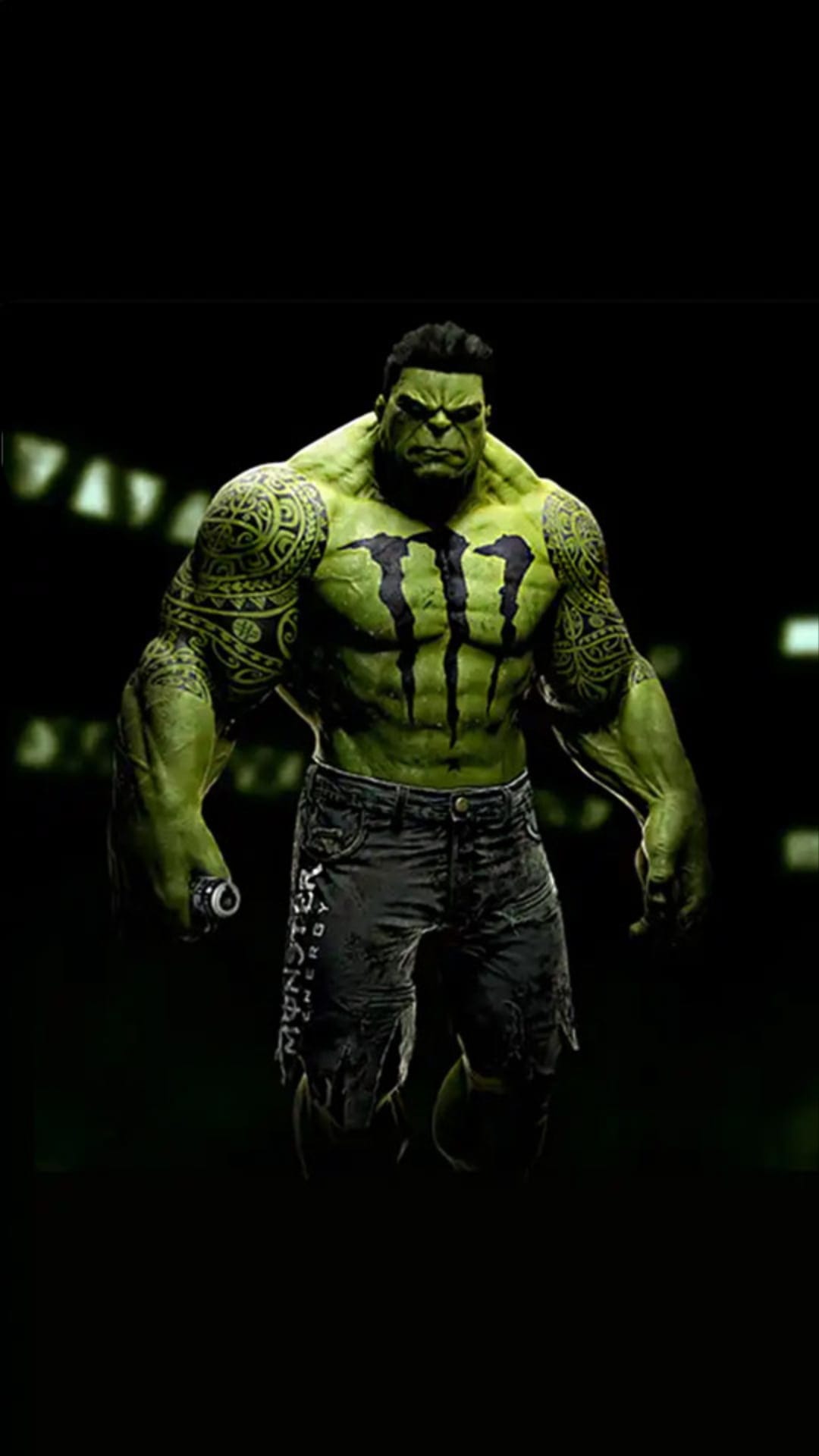 Hulk with a green Monster Energy tattoo on his chest and tribal art on his arms stands against a dark background.