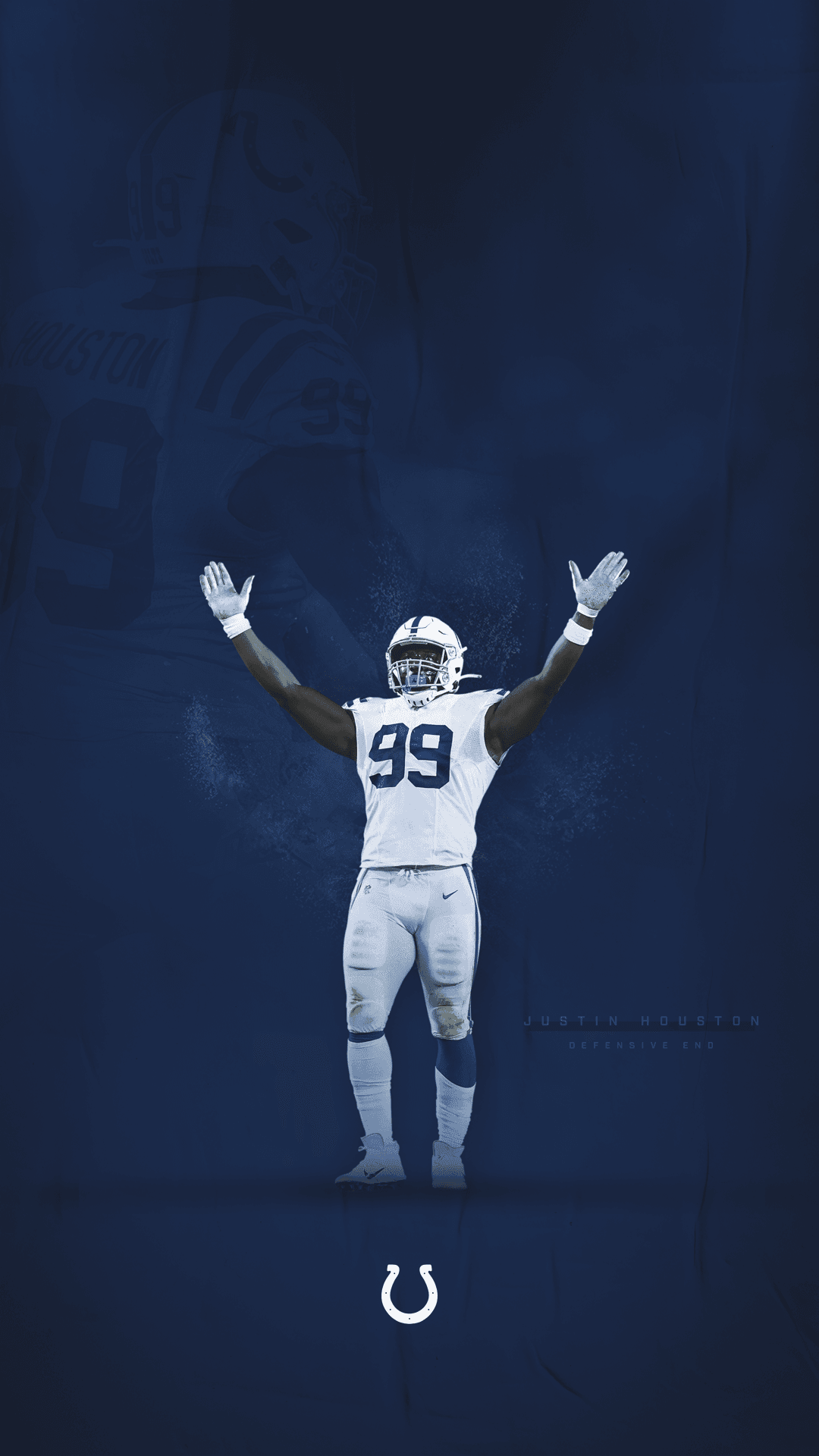 Justin Houston raises his arms in victory wearing a white number 99 Indianapolis Colts jersey against blue tones.