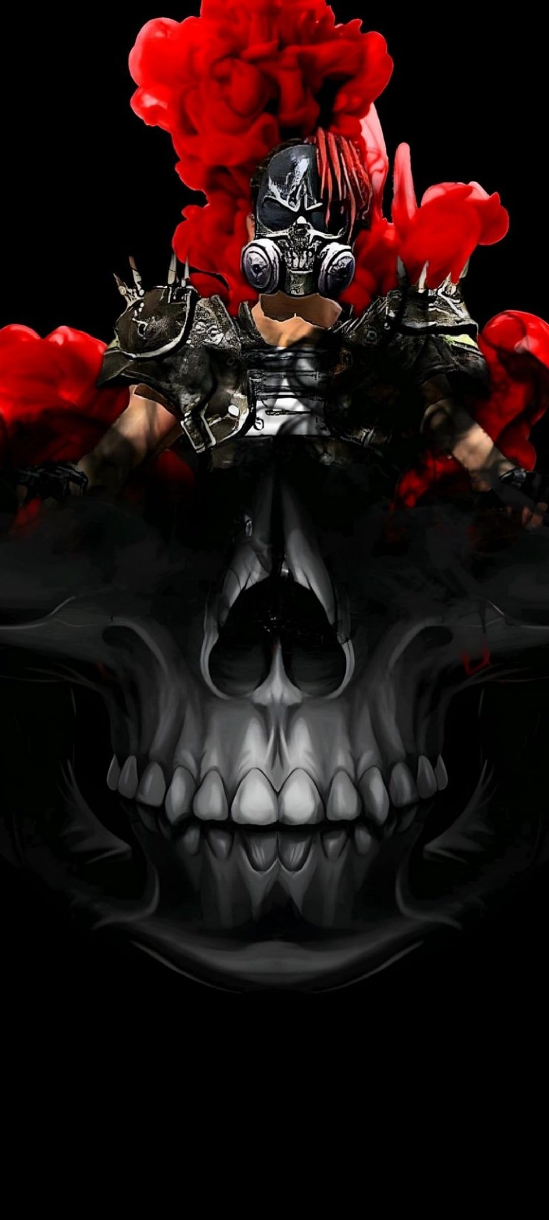 Post-apocalyptic warrior wearing a gas mask and skull helmet rises through thick red smoke and dark shadows.