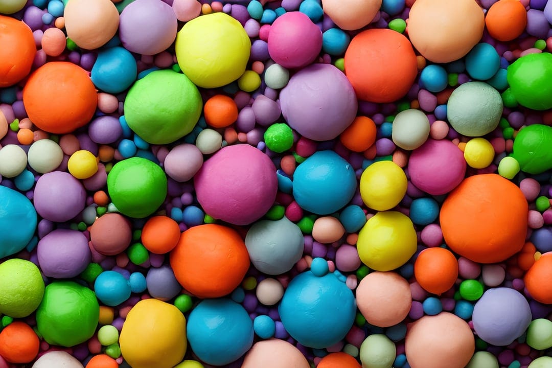 Spherical modeling clay balls in neon orange, green, and blue hues arranged in a dense, tactile macro pattern.