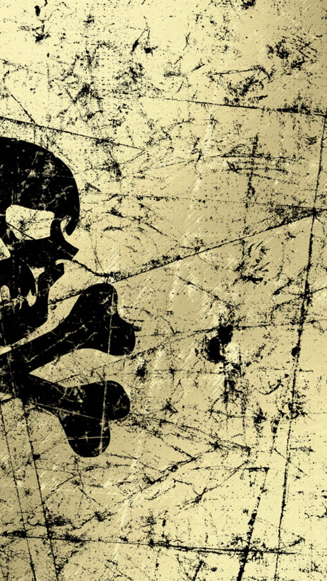 Weathered black skull and crossbones silhouette on a scratched pale yellow background with a gritty texture.