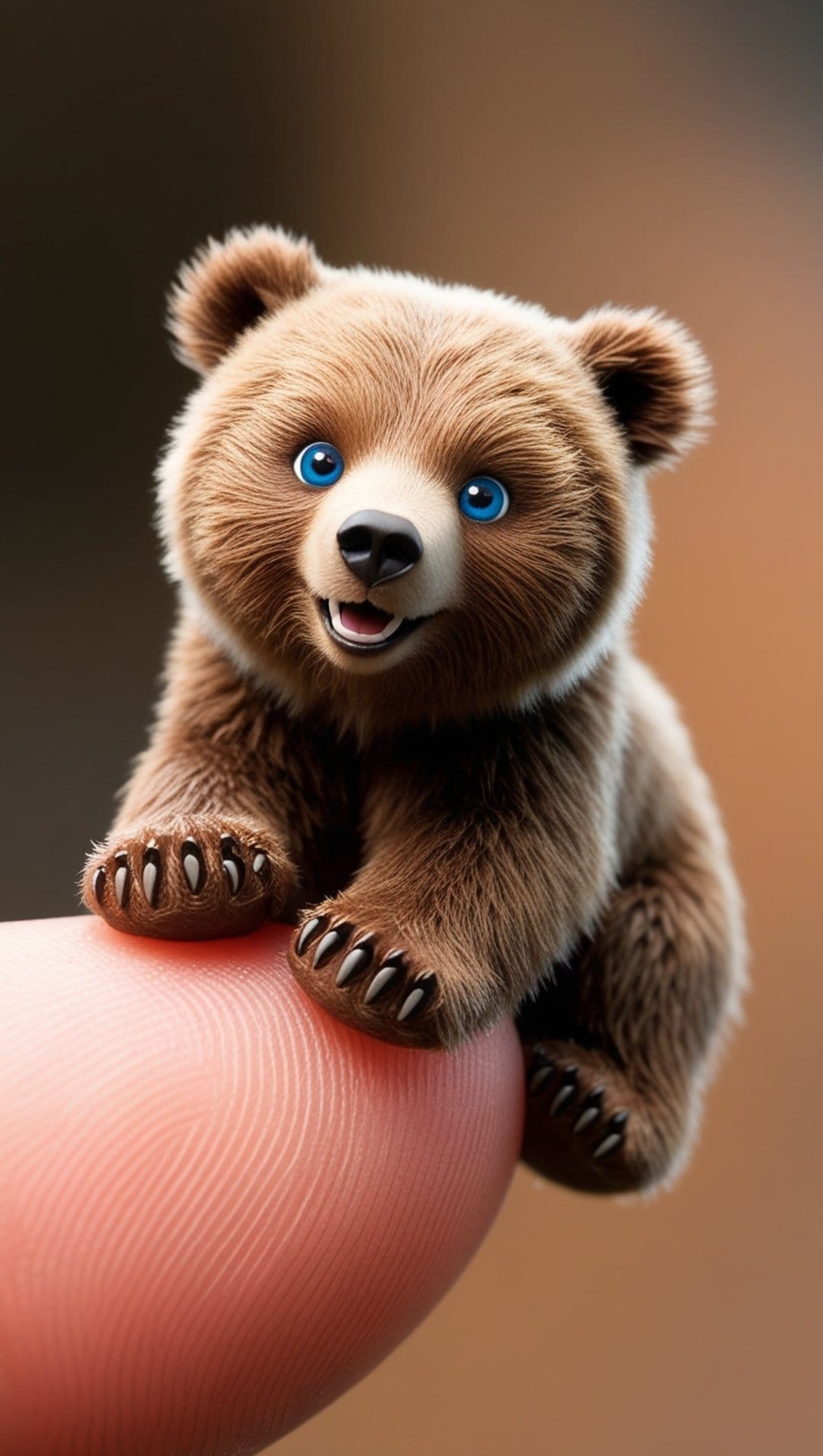 Tiny brown bear cub with bright blue eyes sits on a human finger against a soft, cream-colored blurred backdrop.