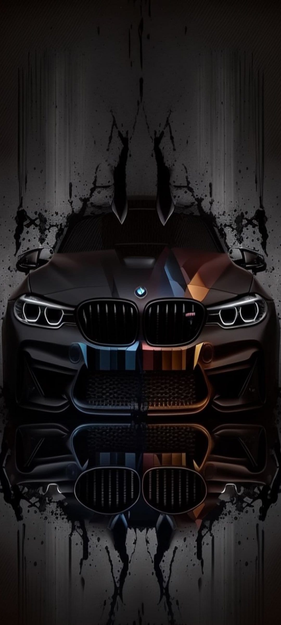BMW M car with glowing headlights and colorful paint splatters reflected on a dark glossy floor surface.