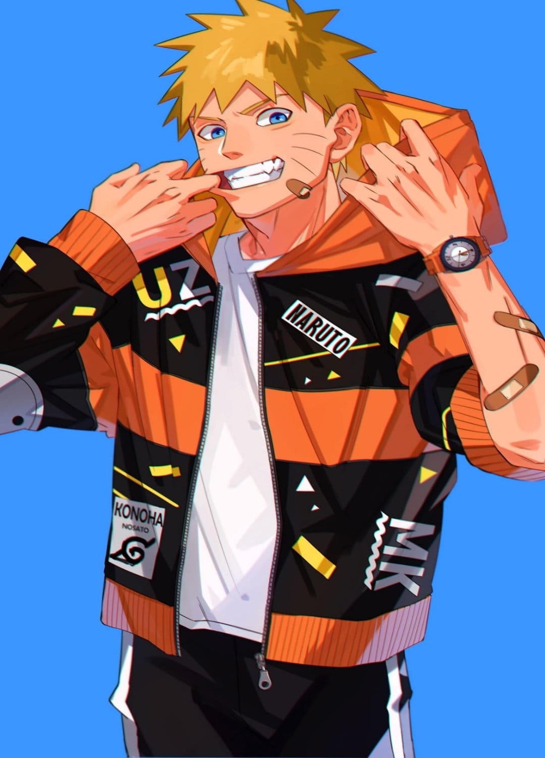 Naruto Uzumaki with spiky blonde hair wears a striped orange and black streetwear jacket against a blue background.