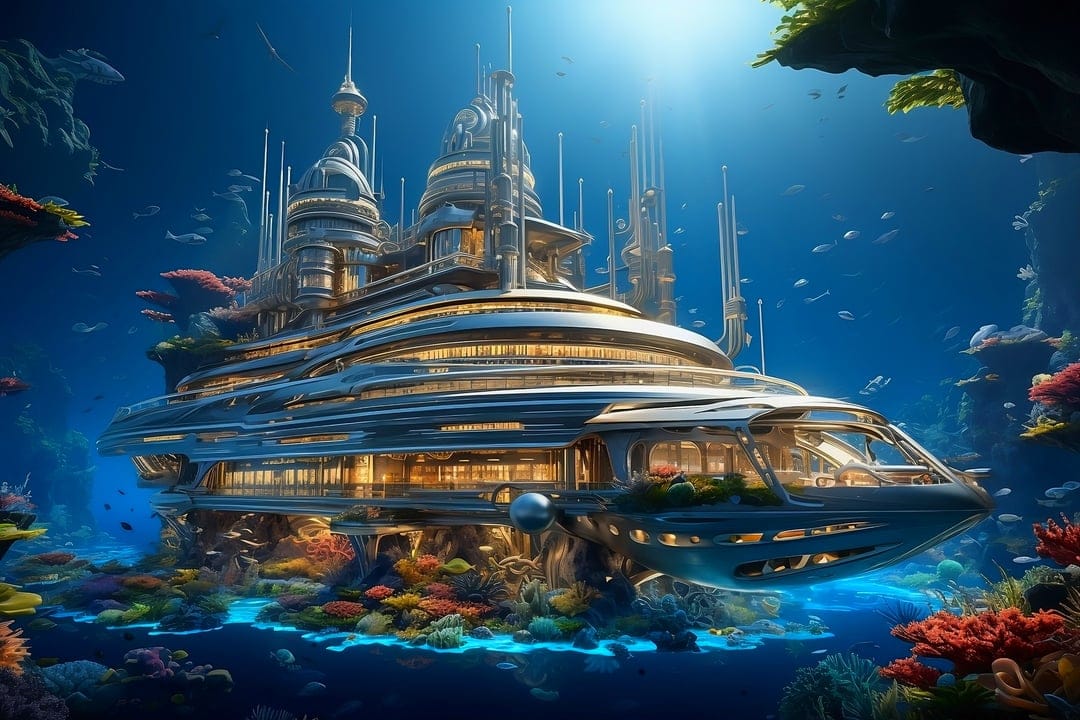 Multi-level underwater buildings stand on a thriving reef with schools of fish swimming through sunlit blue water.