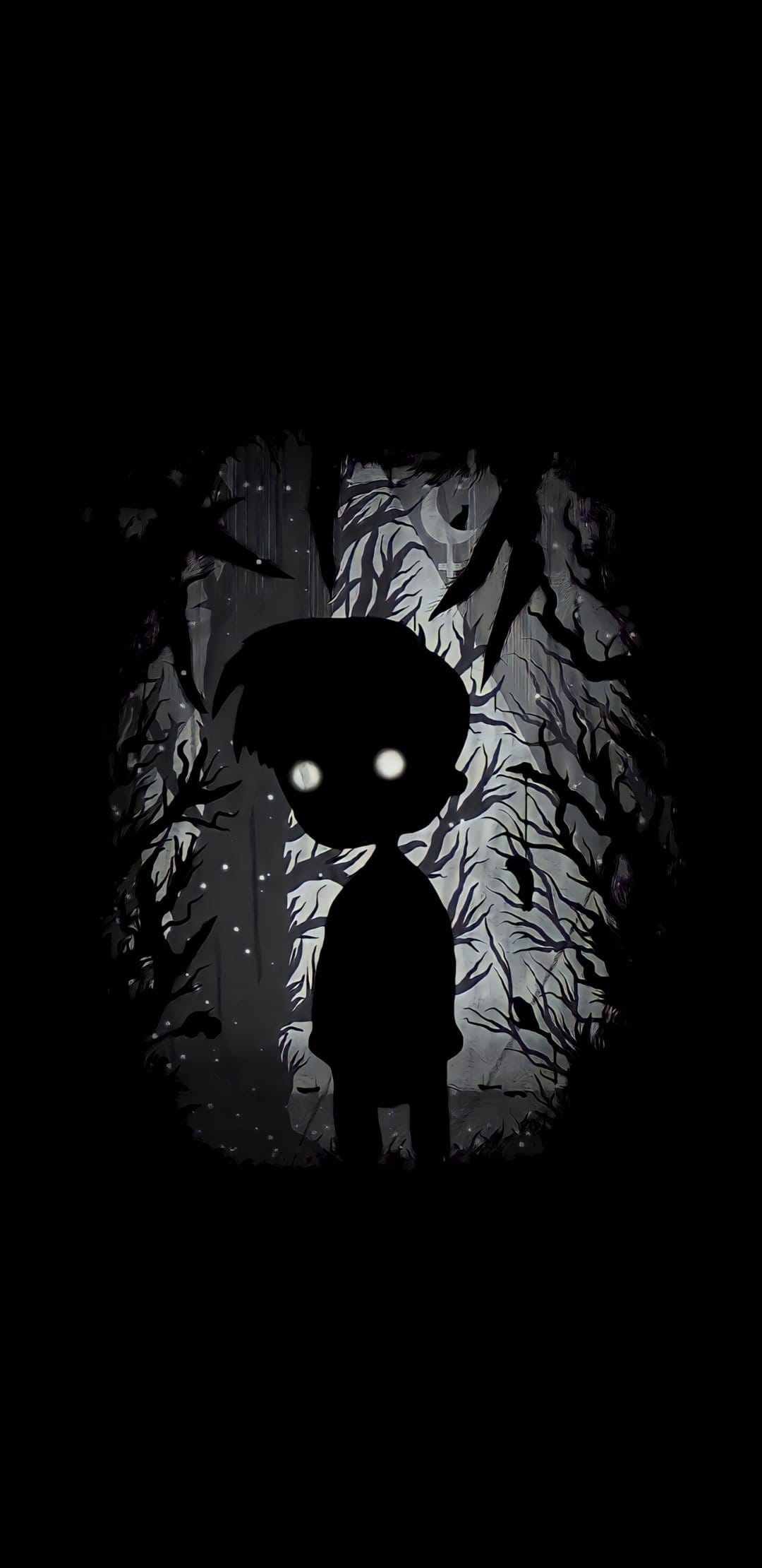 Silhouette of a boy with glowing white eyes standing in a dark, skeletal forest with a deep black background.