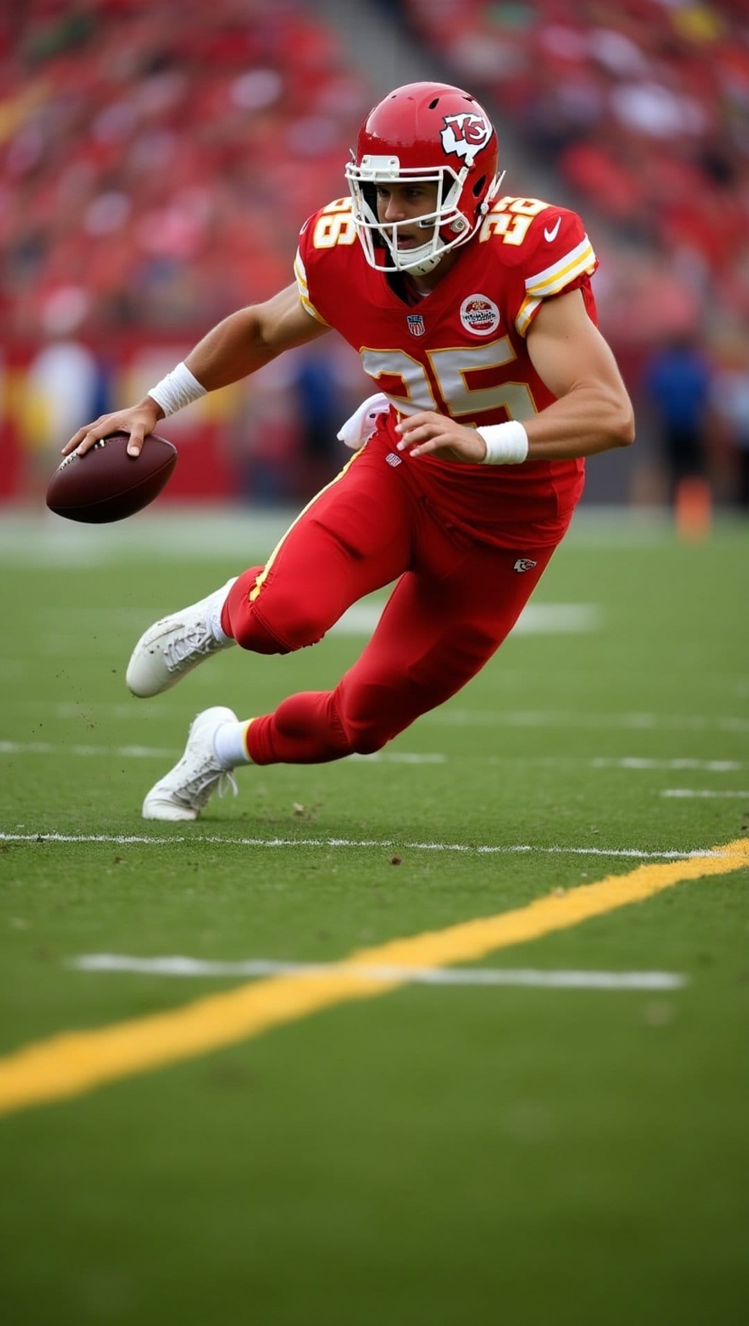 Patrick Mahomes runs with a football in a red Kansas City Chiefs uniform and white helmet on a blurred stadium field.