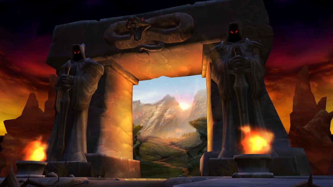 Dark stone archway with hooded statues and glowing red eyes overlooking a bright green mountain valley at sunset.