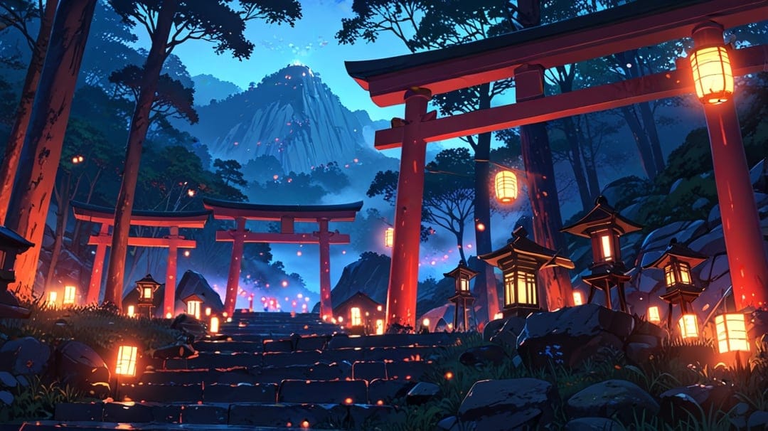 Red torii gates and glowing stone lanterns line a climbing forest staircase under a starry mountain twilight.